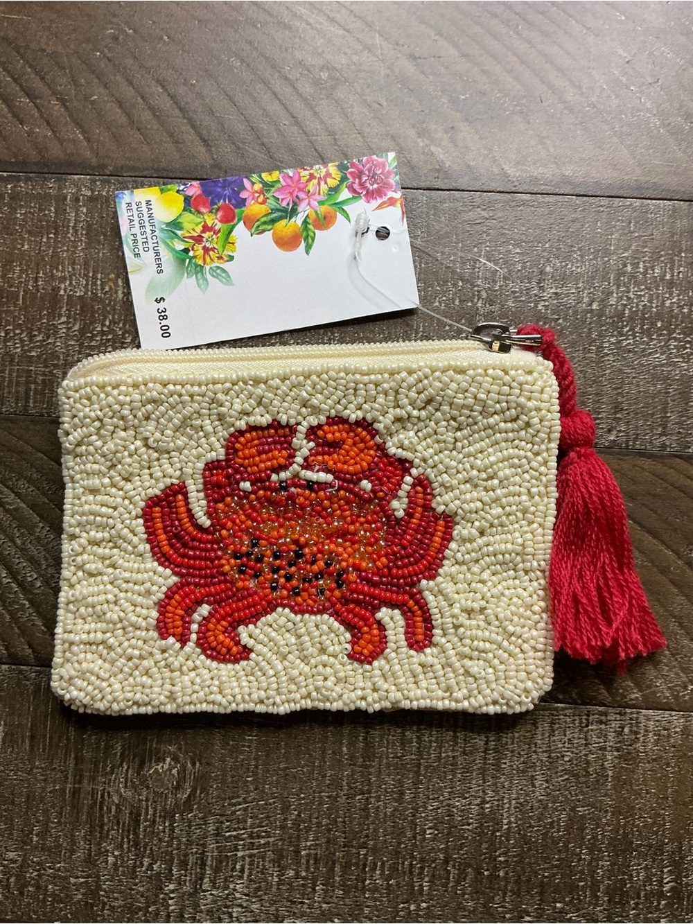 Beaded Crab Tassel Coin Purse - Cream and Red